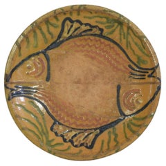 Antique French 19th Century Glazed Folk Art Ceramic Platter/ Bowl Depicting Two Fish