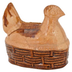 French 19th Century Glazed Majolica Chicken Bank on Wicker Basket Style Base