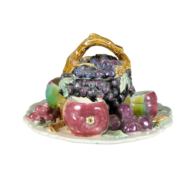 French 19th Century Glazed Majolica Lidded Fruit Dish with Grapes For Sale