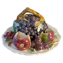 French 19th Century Glazed Majolica Lidded Fruit Dish with Grapes