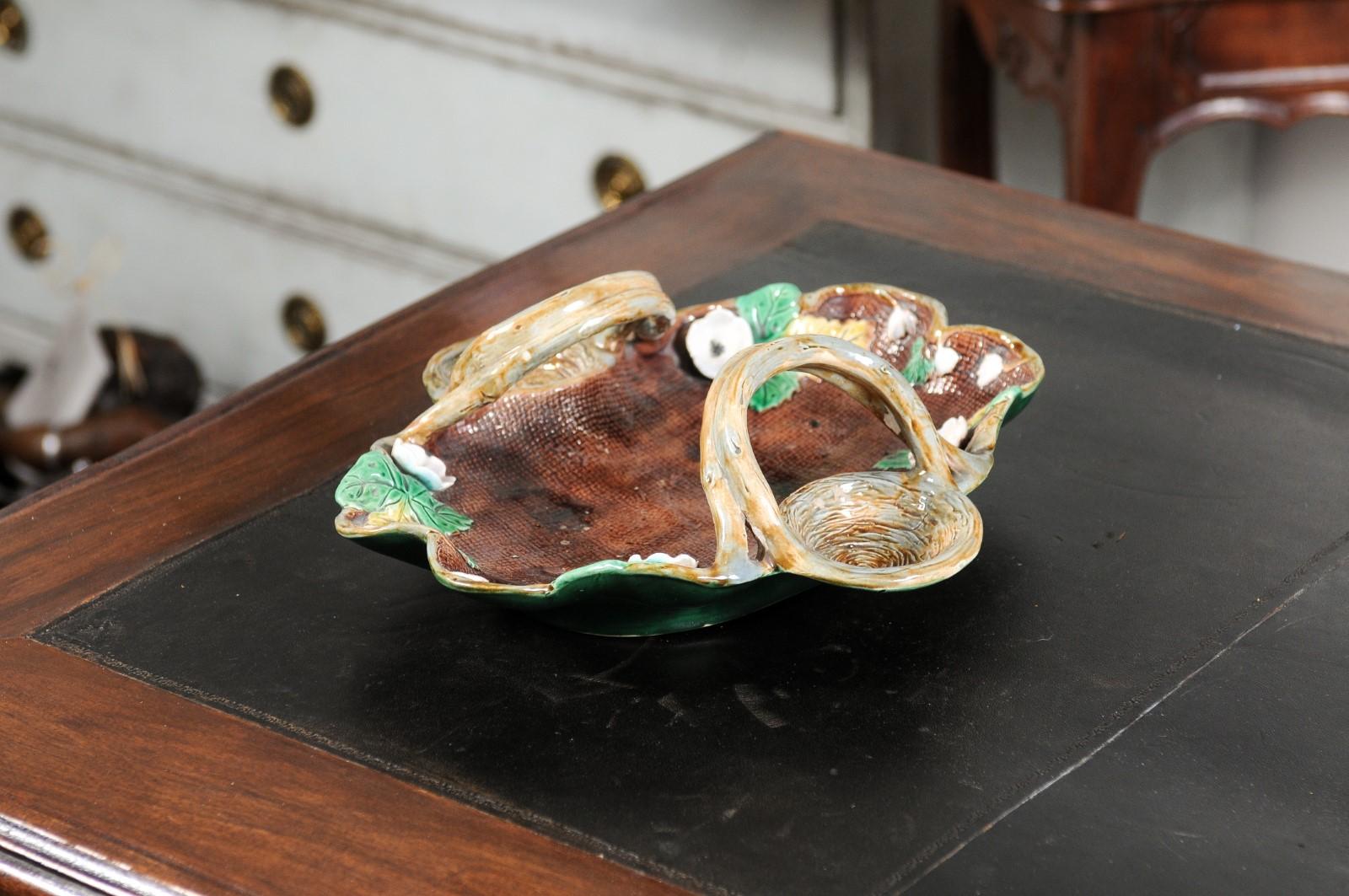 French 19th Century Glazed Majolica Tray with Bird Nests, Flowers and Foliage 6