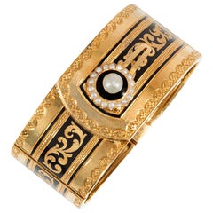 French 19th Century Gold, Enamel and Pearl Buttoned Cuff Bracelet