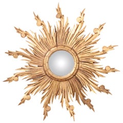 French 19th Century Gold Gilt Sunburst Convex Mirror