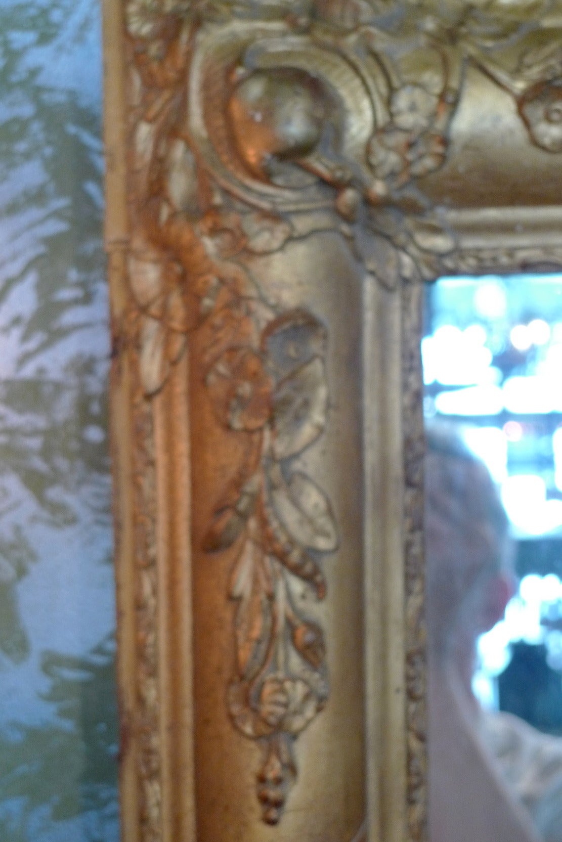 French 19th Century Gold-Leaf and Hand Carved Mirror Frame with Original Glass 2