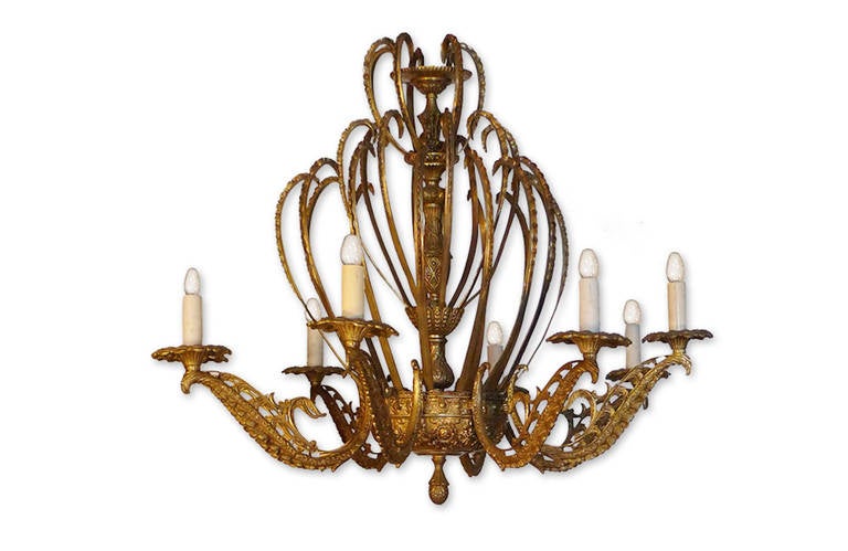 Gilt French 19th Century Gold Painted Bronze Chandelier with Eight Lights