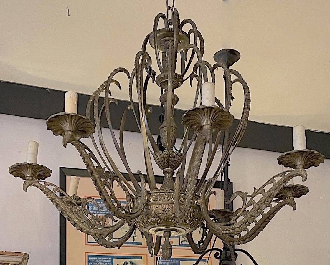 French 19th Century Gold Painted Bronze Chandelier with Eight Lights In Distressed Condition For Sale In Santa Monica, CA
