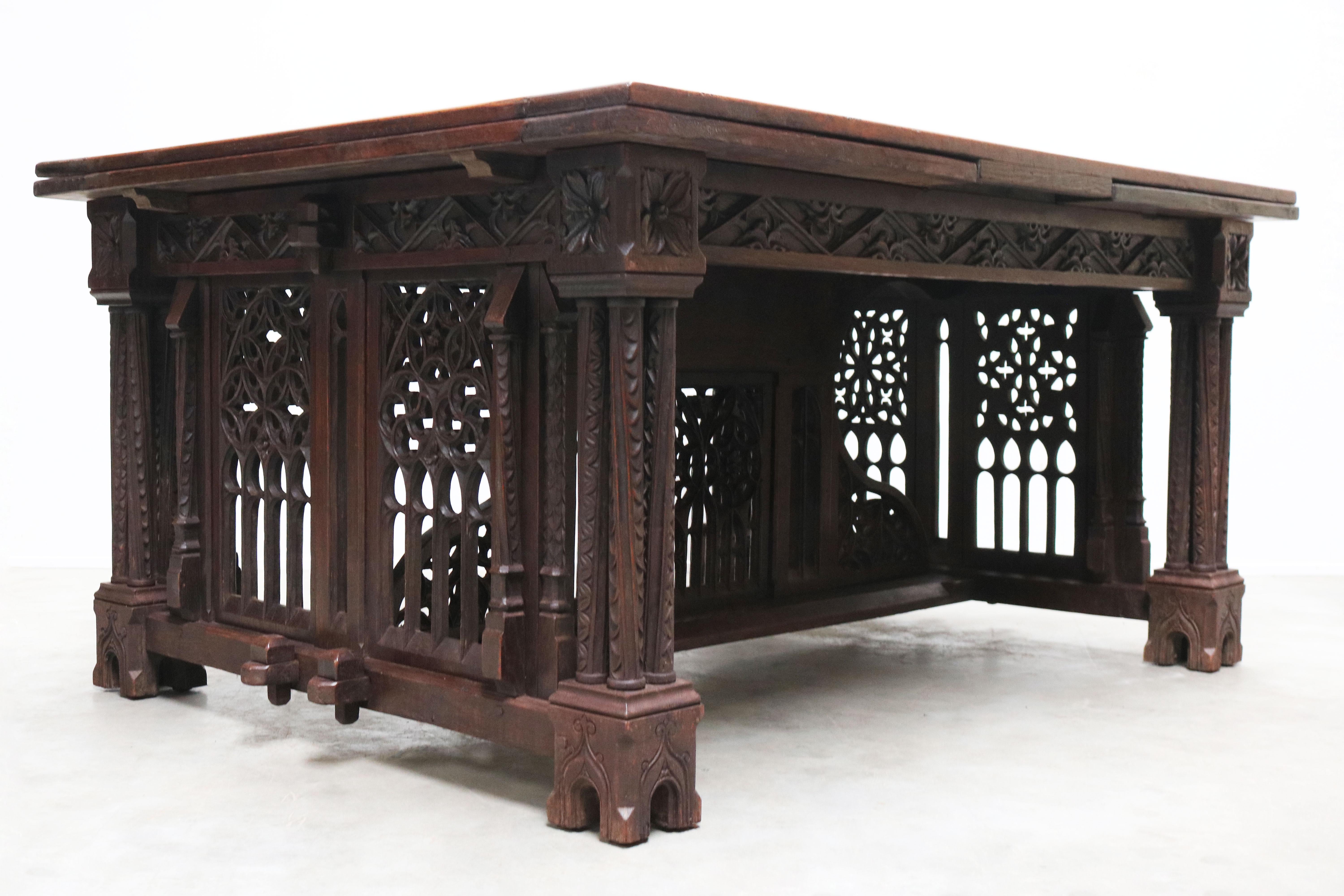 Hand-Carved French 19th Century Gothic Revival Dining table Monastery Church window arches
