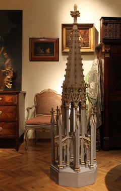 French 19th Century Gothic Revival Hand Carved, Lacquered, Parcel Giltwood Spire