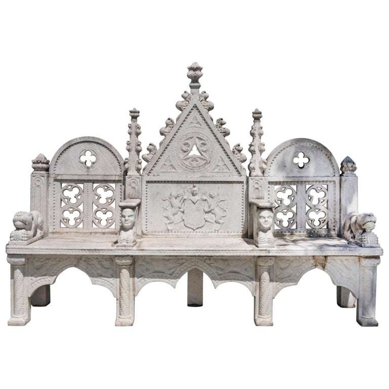 French 19th Century Gothic Style 3 Seat Carved Marble Bench With