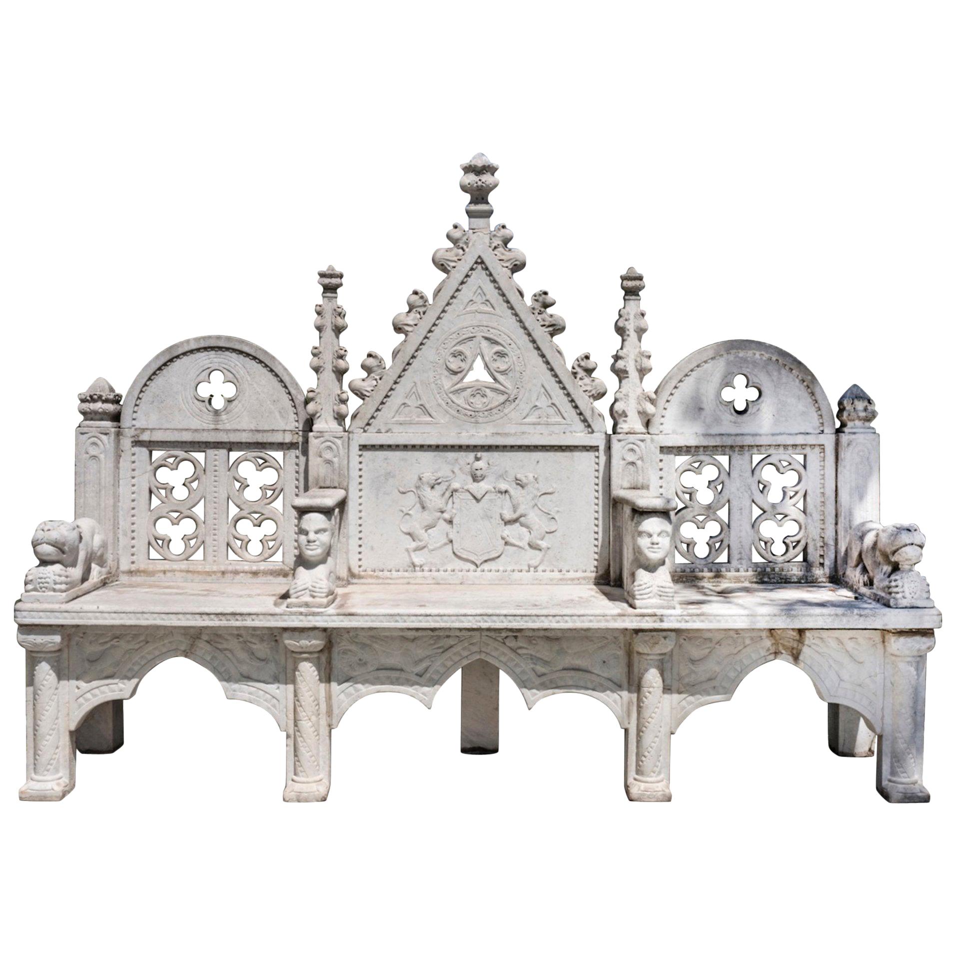 French 19th Century Gothic Style 3-Seat Carved Marble Bench with Armorial Motif
