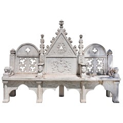 Antique French 19th Century Gothic Style 3-Seat Carved Marble Bench with Armorial Motif