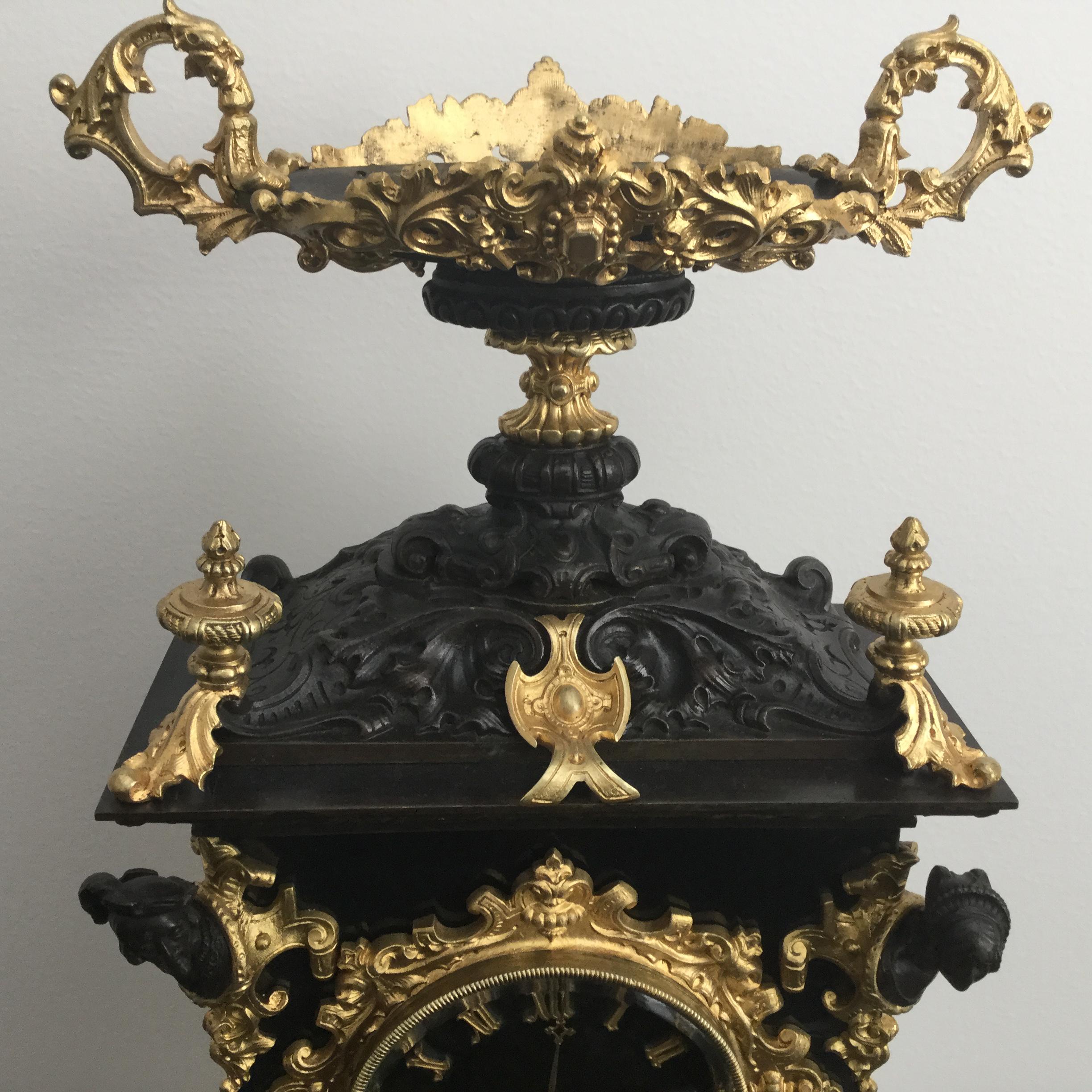 Gothic Baroque Style Mantel Clock, Bronze and Black Slate, Bordeaux Maker, 19th Century For Sale