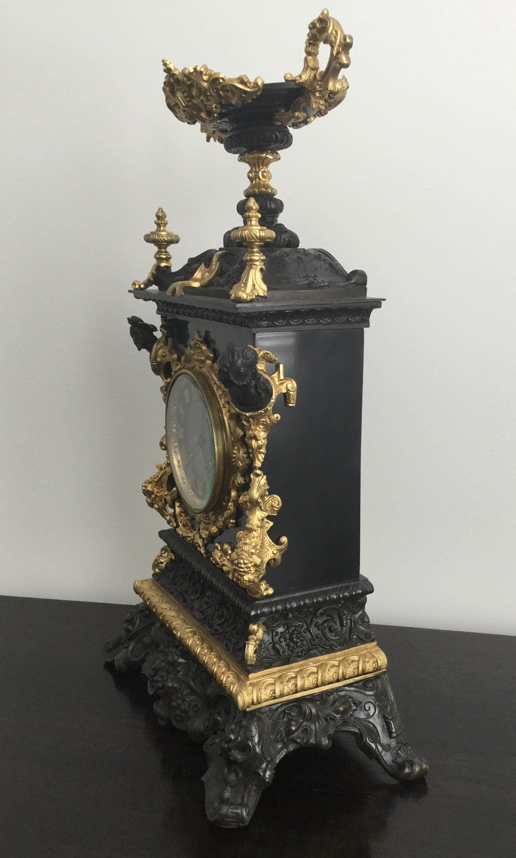 French Baroque Style Mantel Clock, Bronze and Black Slate, Bordeaux Maker, 19th Century For Sale