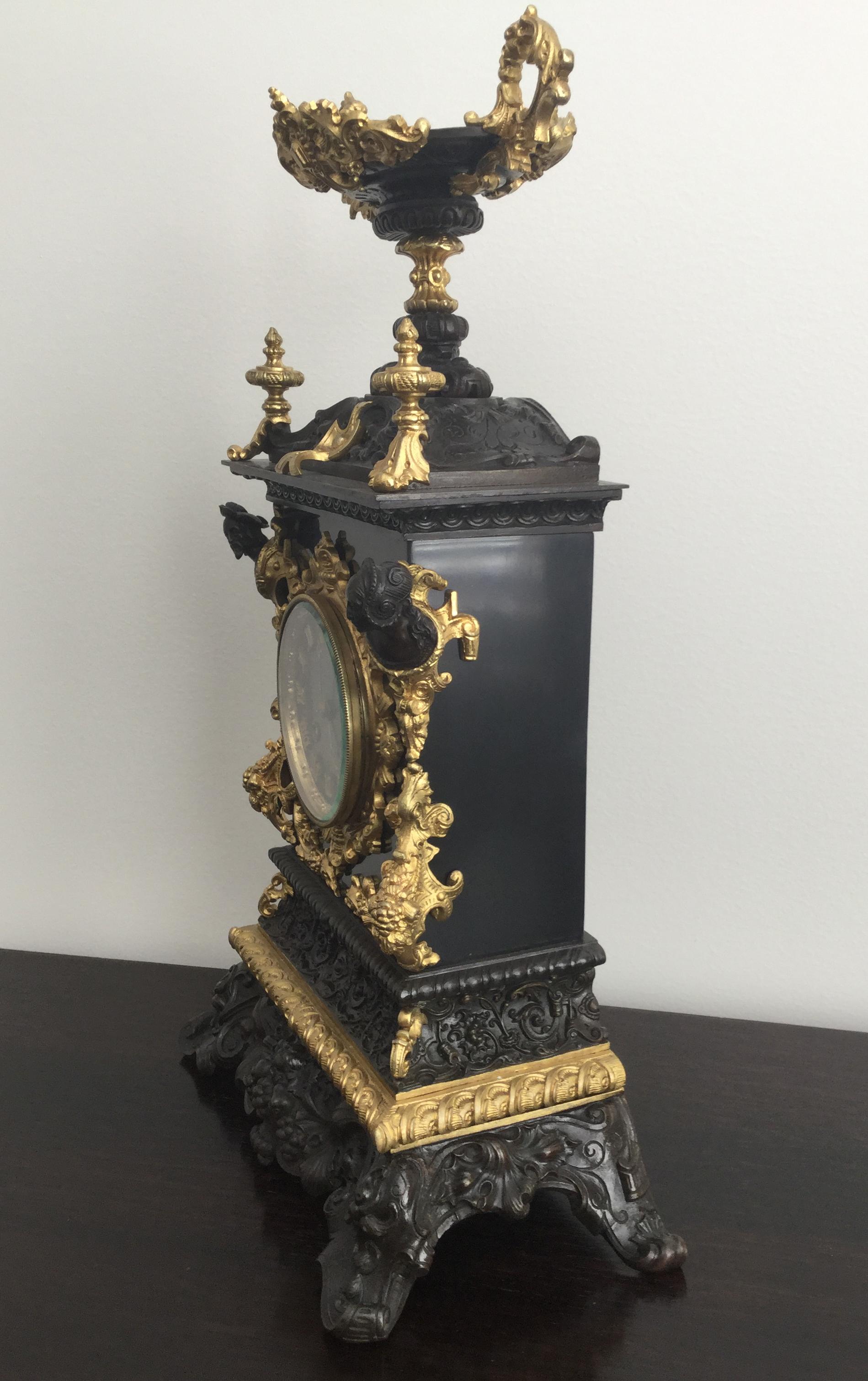 Lacquered Baroque Style Mantel Clock, Bronze and Black Slate, Bordeaux Maker, 19th Century For Sale