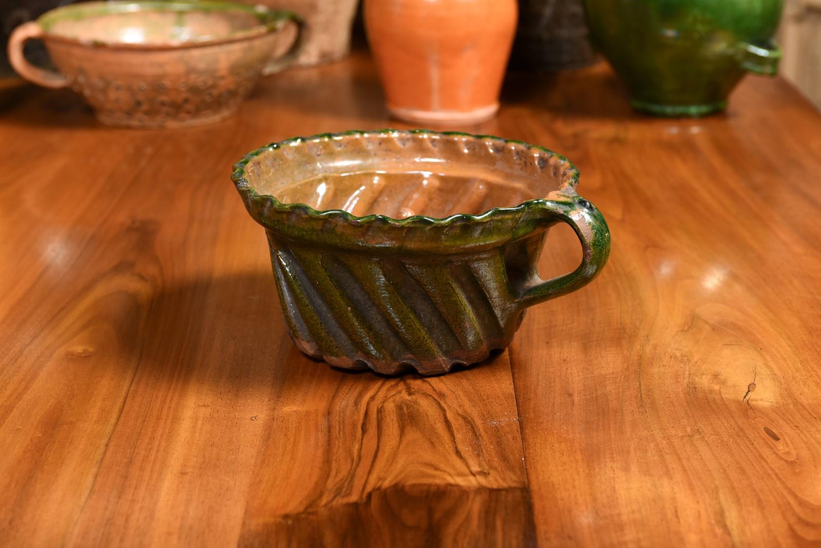 French 19th Century Green and Brown Glazed Pottery Cake Mold with Grooves 2