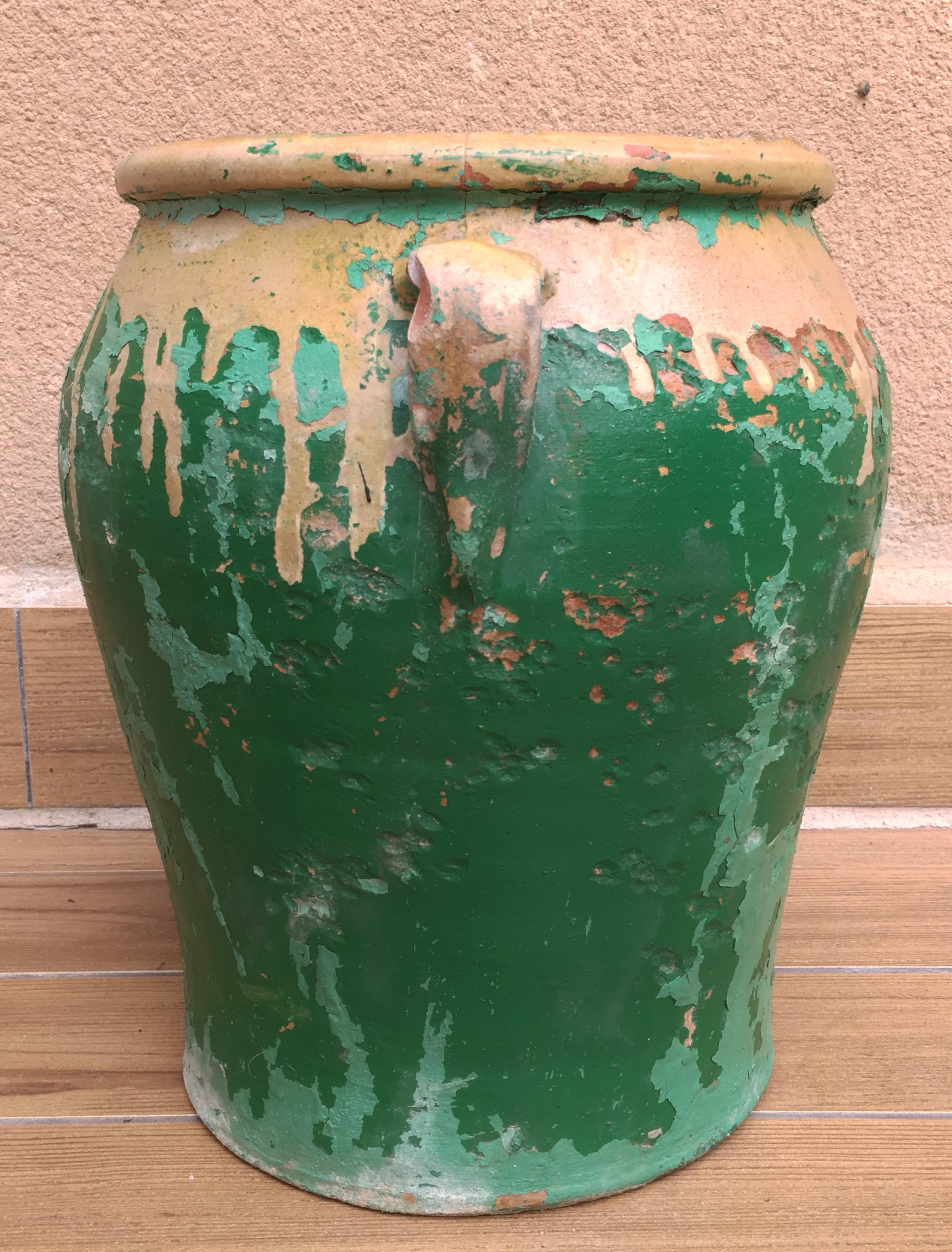 Country French 19th Century Green-Glazed Castelnaudary Pot or Planter with Handles