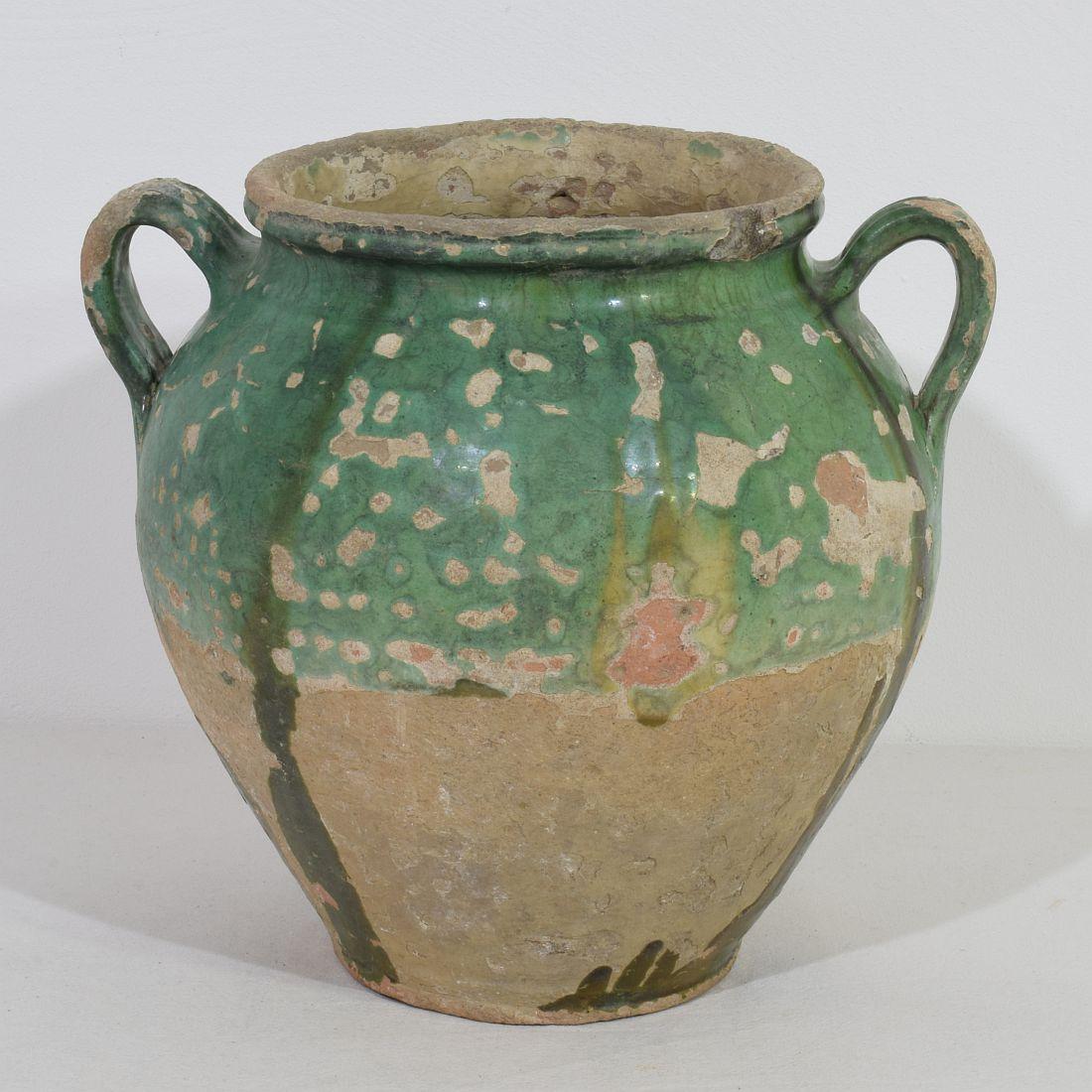 Vernissé Jarre à confit en céramique émaillée verte du 19e siècle en vente