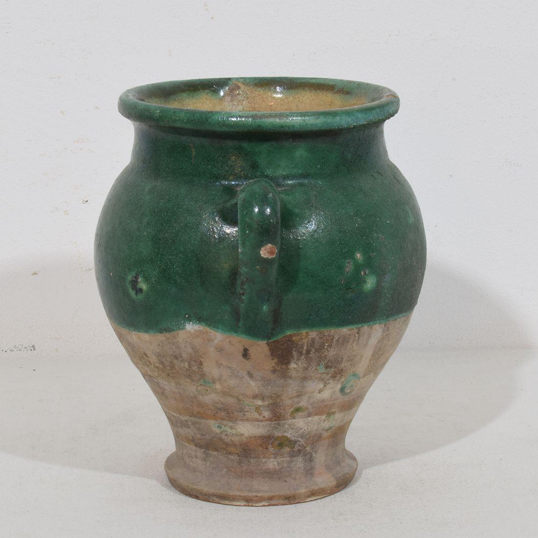 French 19th Century Green Glazed Ceramic Confit Jar/ Pot In Good Condition For Sale In Buisson, FR