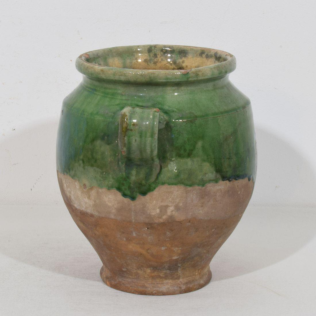 Vernissé Jarre/ pot à confit en céramique verte du 19ème siècle. en vente
