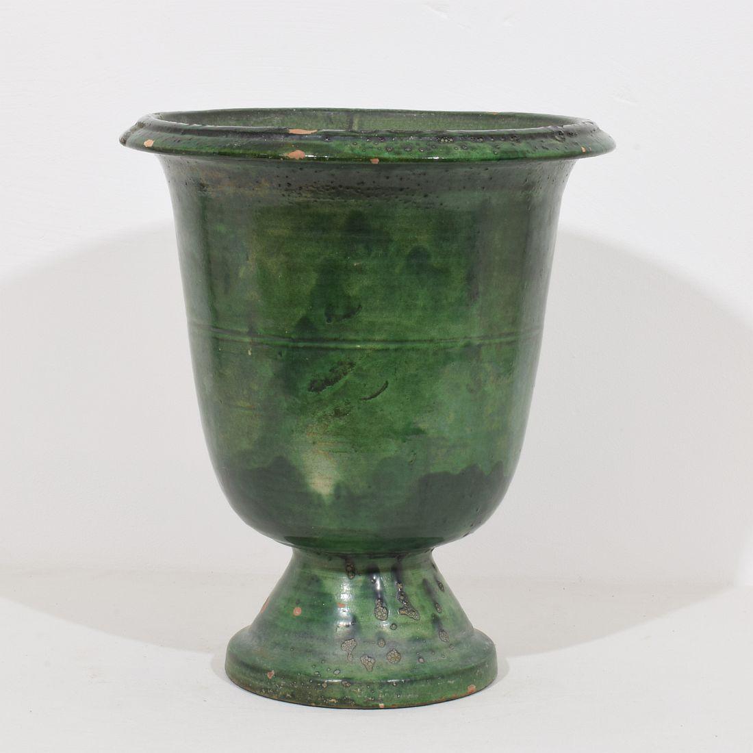 Französisches Castelnaudary-Pflanzgefäß/Vase aus grün glasiertem Steingut, 19. Jahrhundert (Französische Provence) im Angebot