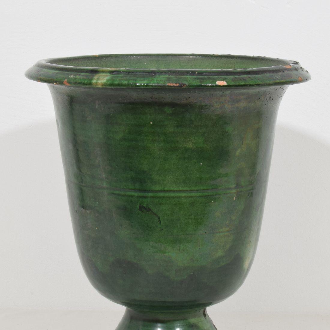 Französisches Castelnaudary-Pflanzgefäß/Vase aus grün glasiertem Steingut, 19. Jahrhundert (Tonware) im Angebot