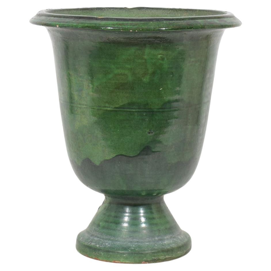 Französisches Castelnaudary-Pflanzgefäß/Vase aus grün glasiertem Steingut, 19. Jahrhundert