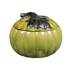 French 19th Century Green Glazed Pottery Pumpkin Tureen with Leaf Adorned Lid