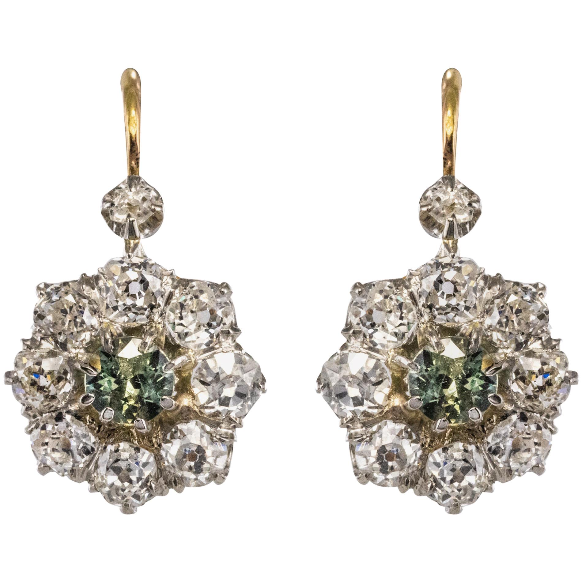 French 19th Century Green Sapphire Diamonds 18 Karat Gold Lever- Back Earrings