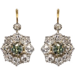 French 19th Century Green Sapphire Diamonds 18 Karat Gold Lever- Back Earrings