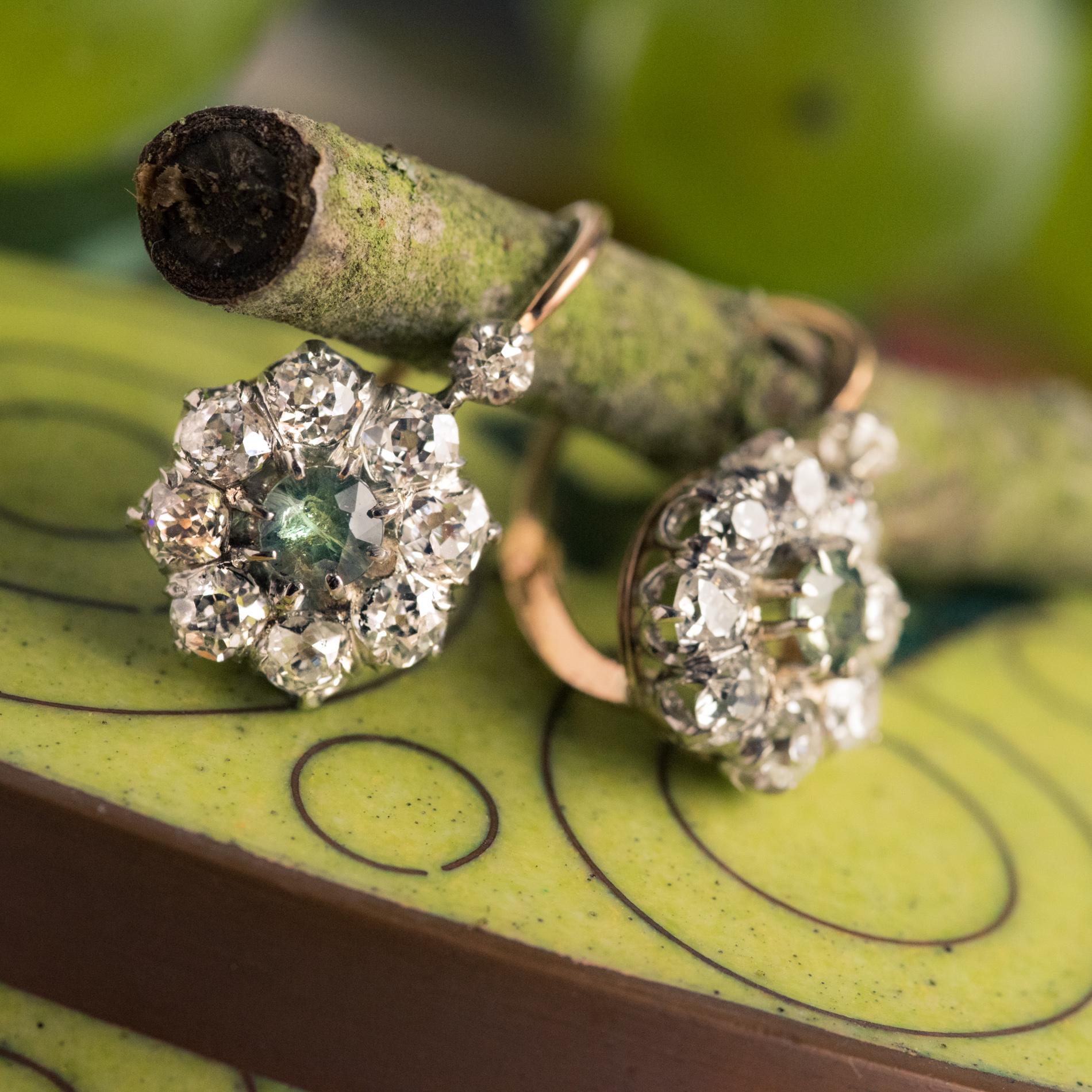 French 19th Century Green Sapphire Diamonds 18 Karat Gold Lever- Back Earrings 4