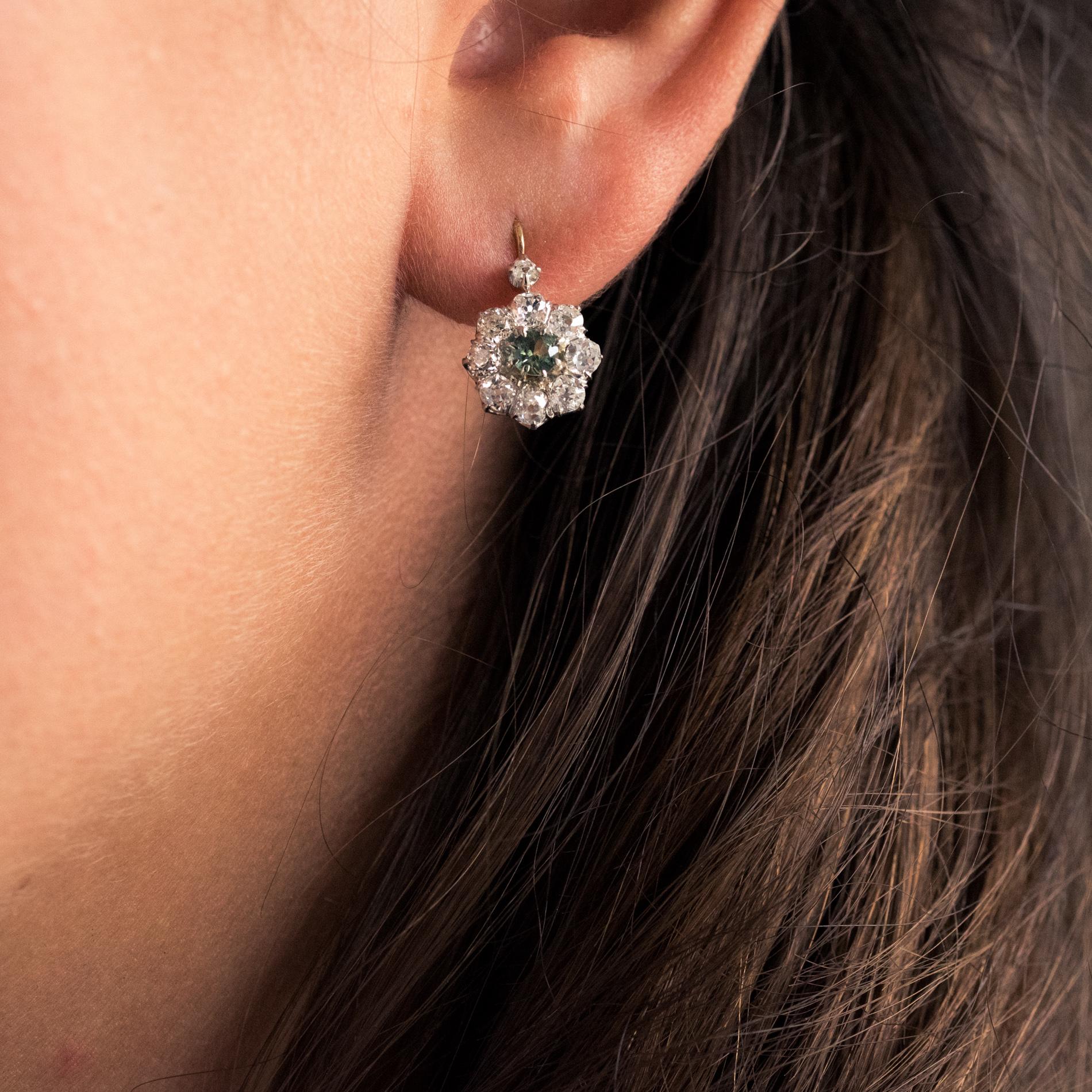 French 19th Century Green Sapphire Diamonds 18 Karat Gold Lever- Back Earrings 5