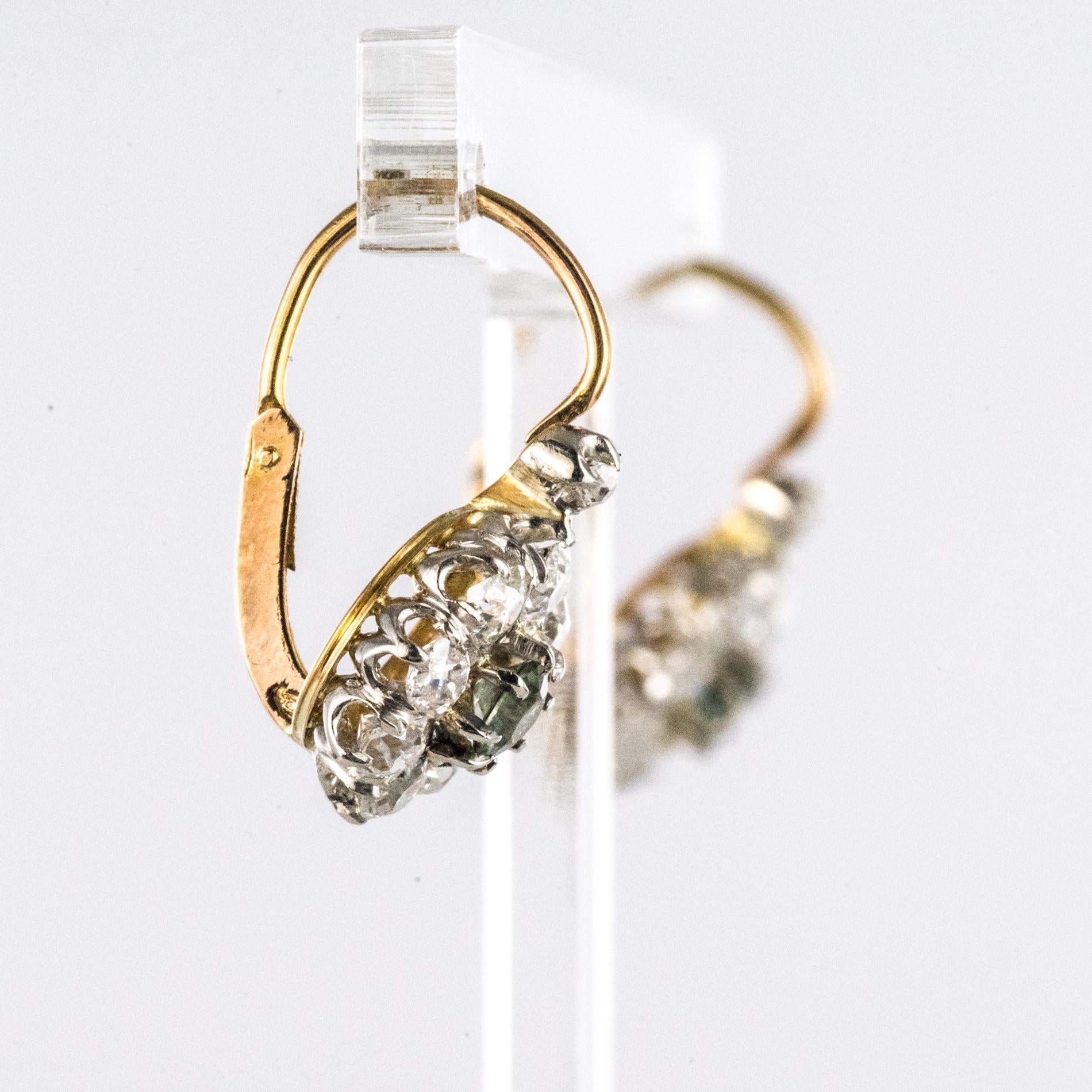 French 19th Century Green Sapphire Diamonds 18 Karat Gold Lever- Back Earrings 6