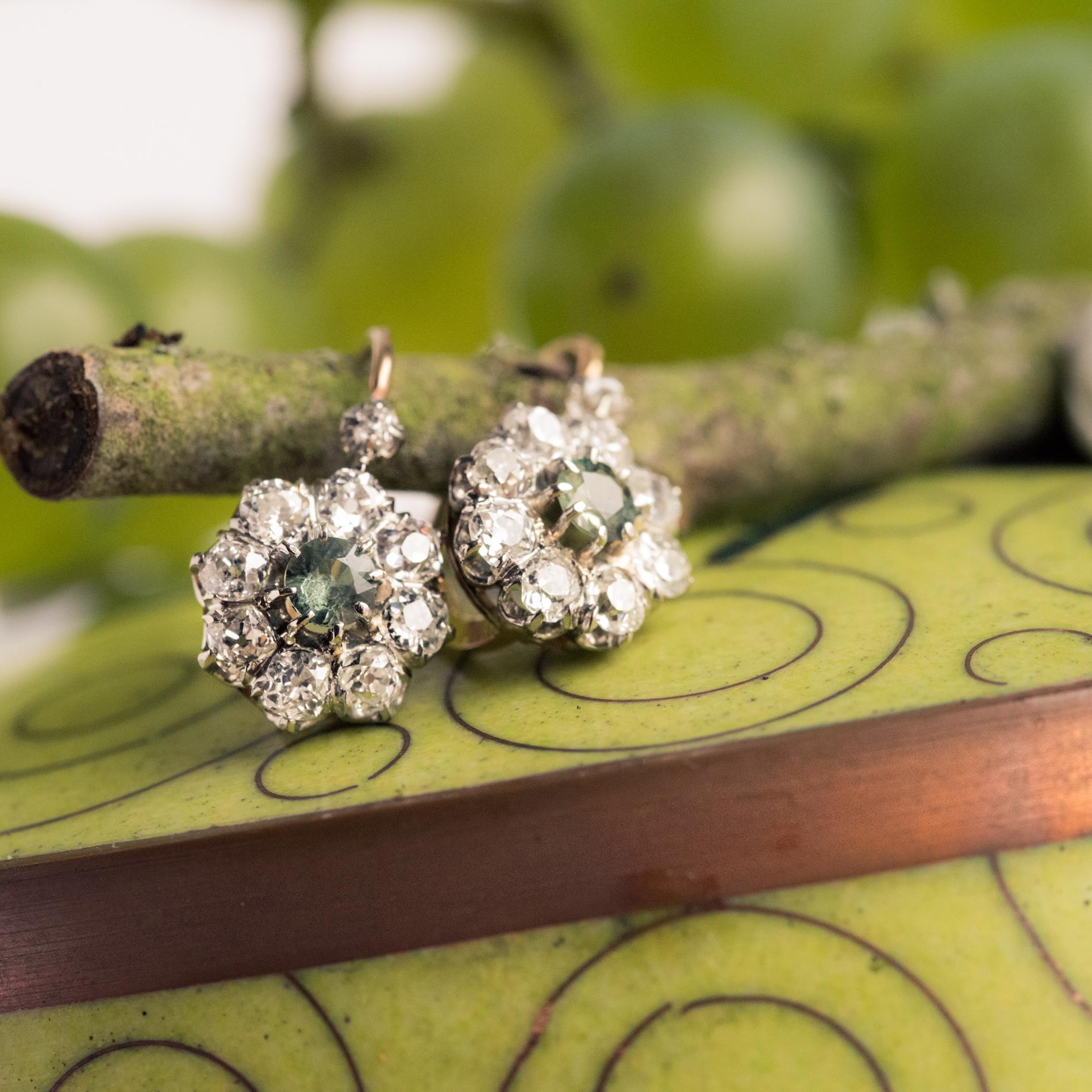 French 19th Century Green Sapphire Diamonds 18 Karat Gold Lever- Back Earrings 9