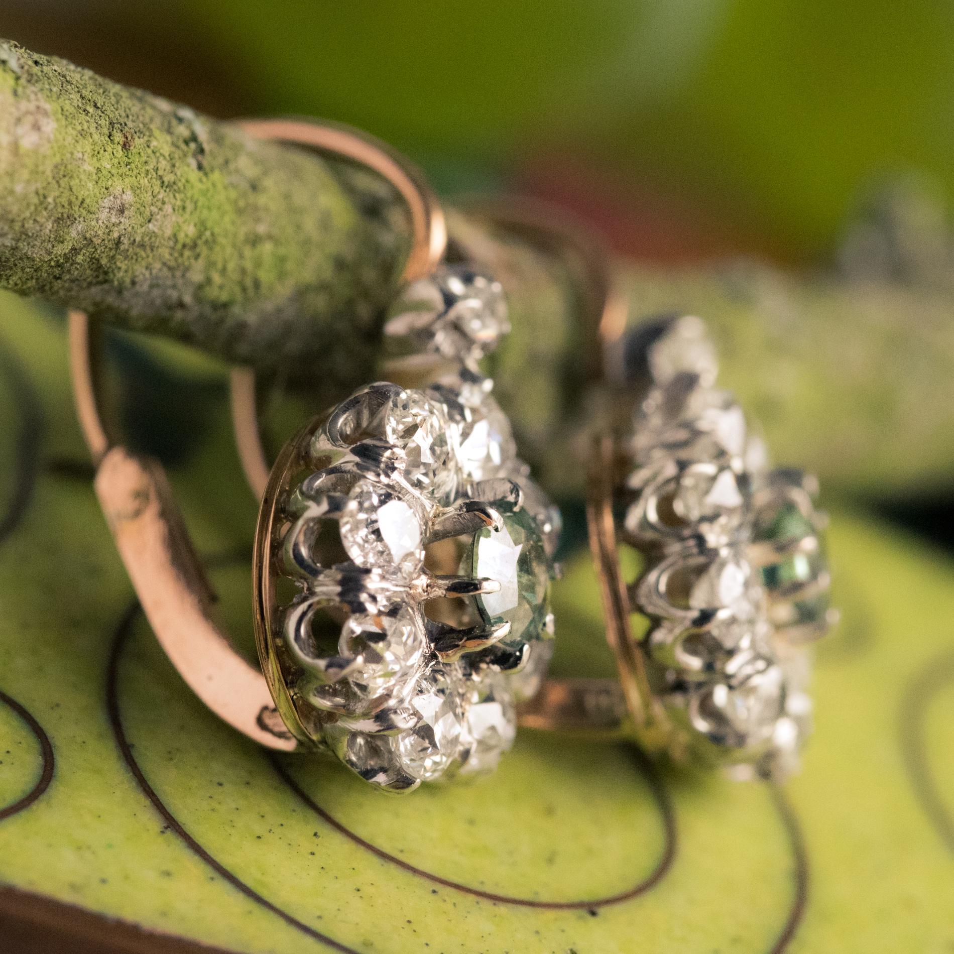 French 19th Century Green Sapphire Diamonds 18 Karat Gold Lever- Back Earrings 10