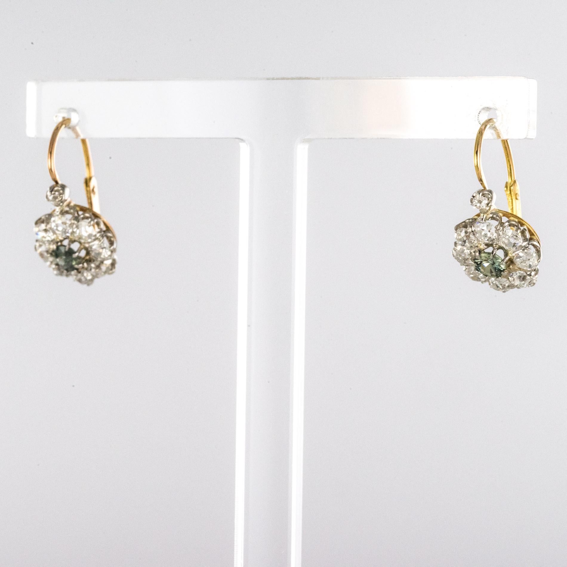 Napoleon III French 19th Century Green Sapphire Diamonds 18 Karat Gold Lever- Back Earrings