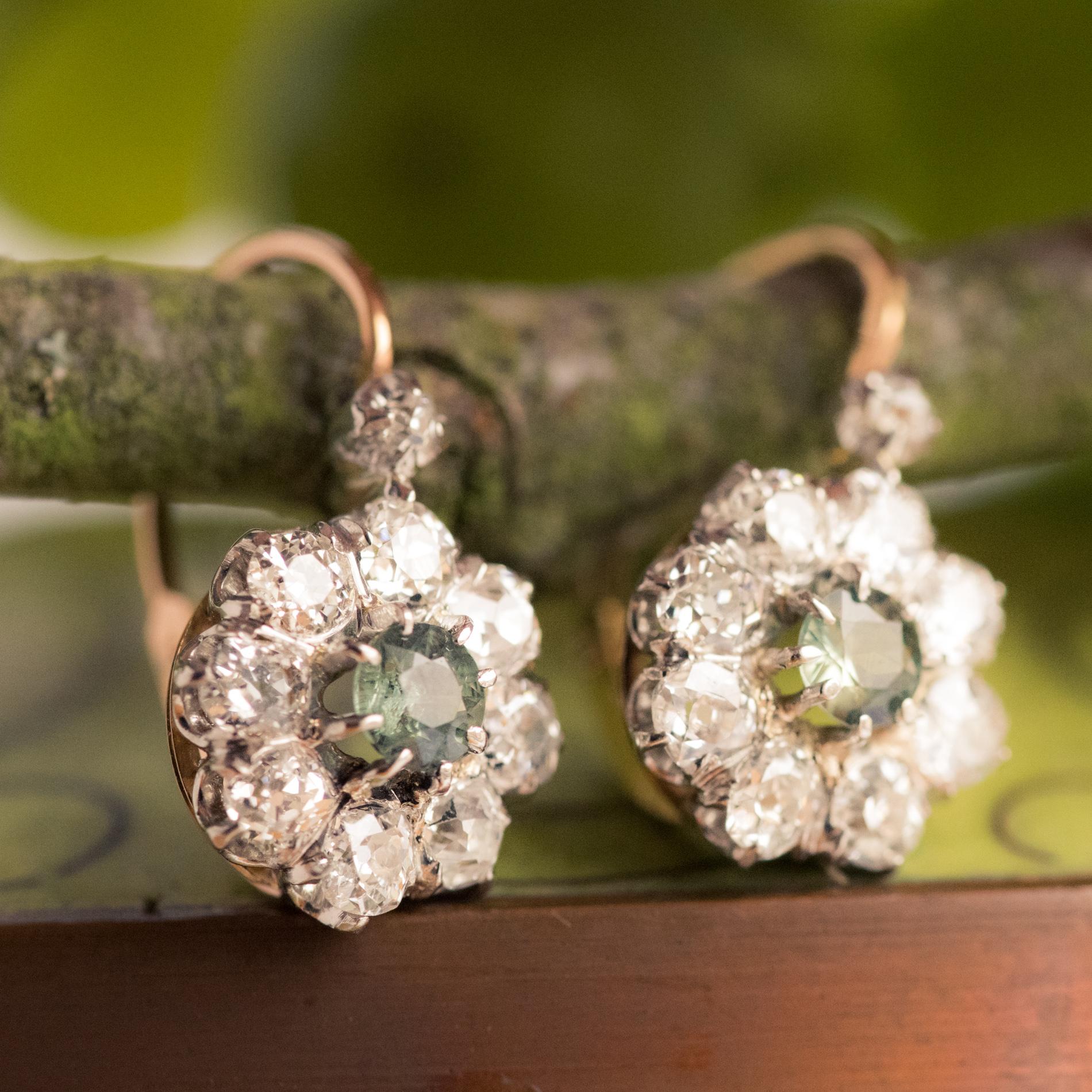 Round Cut French 19th Century Green Sapphire Diamonds 18 Karat Gold Lever- Back Earrings