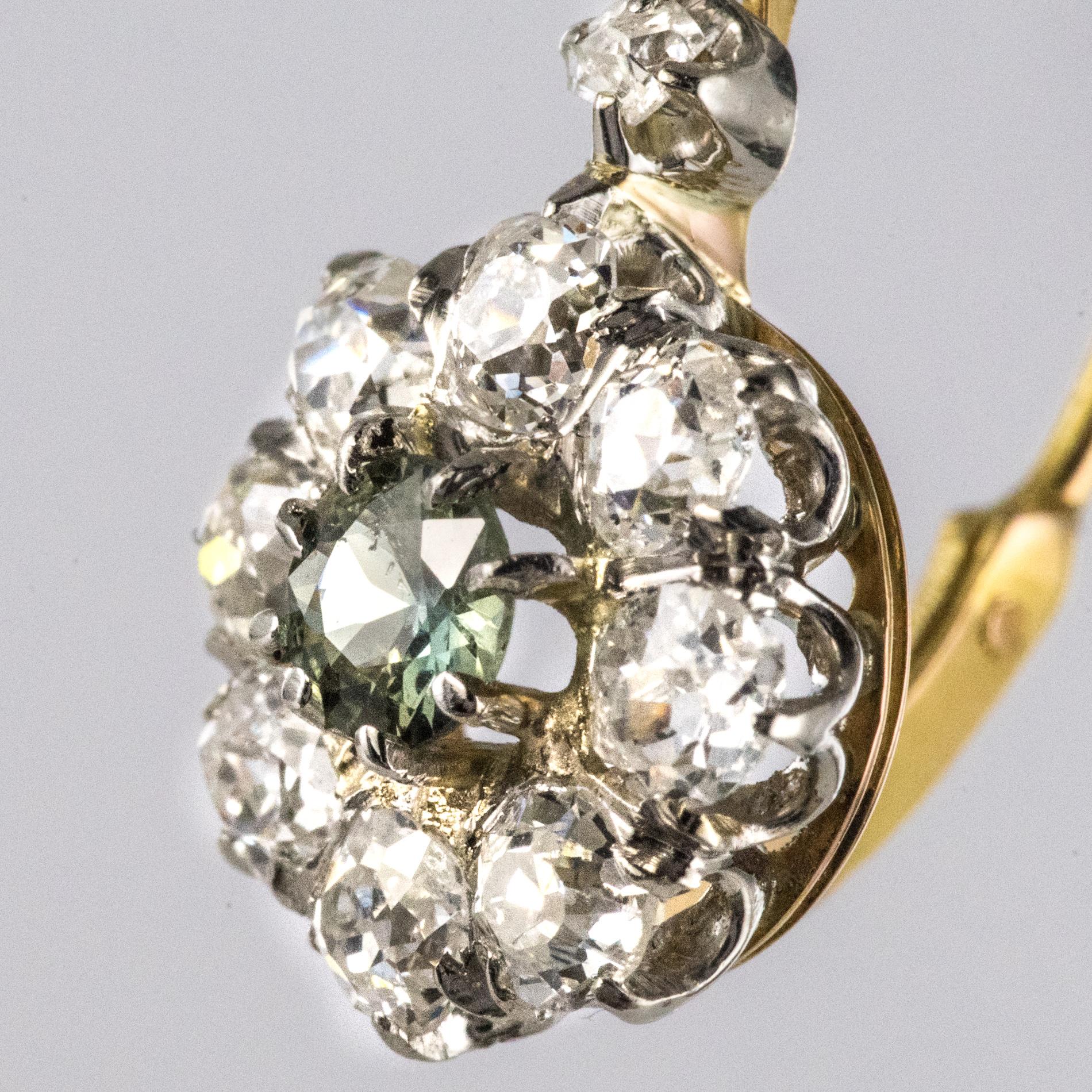 French 19th Century Green Sapphire Diamonds 18 Karat Gold Lever- Back Earrings 1