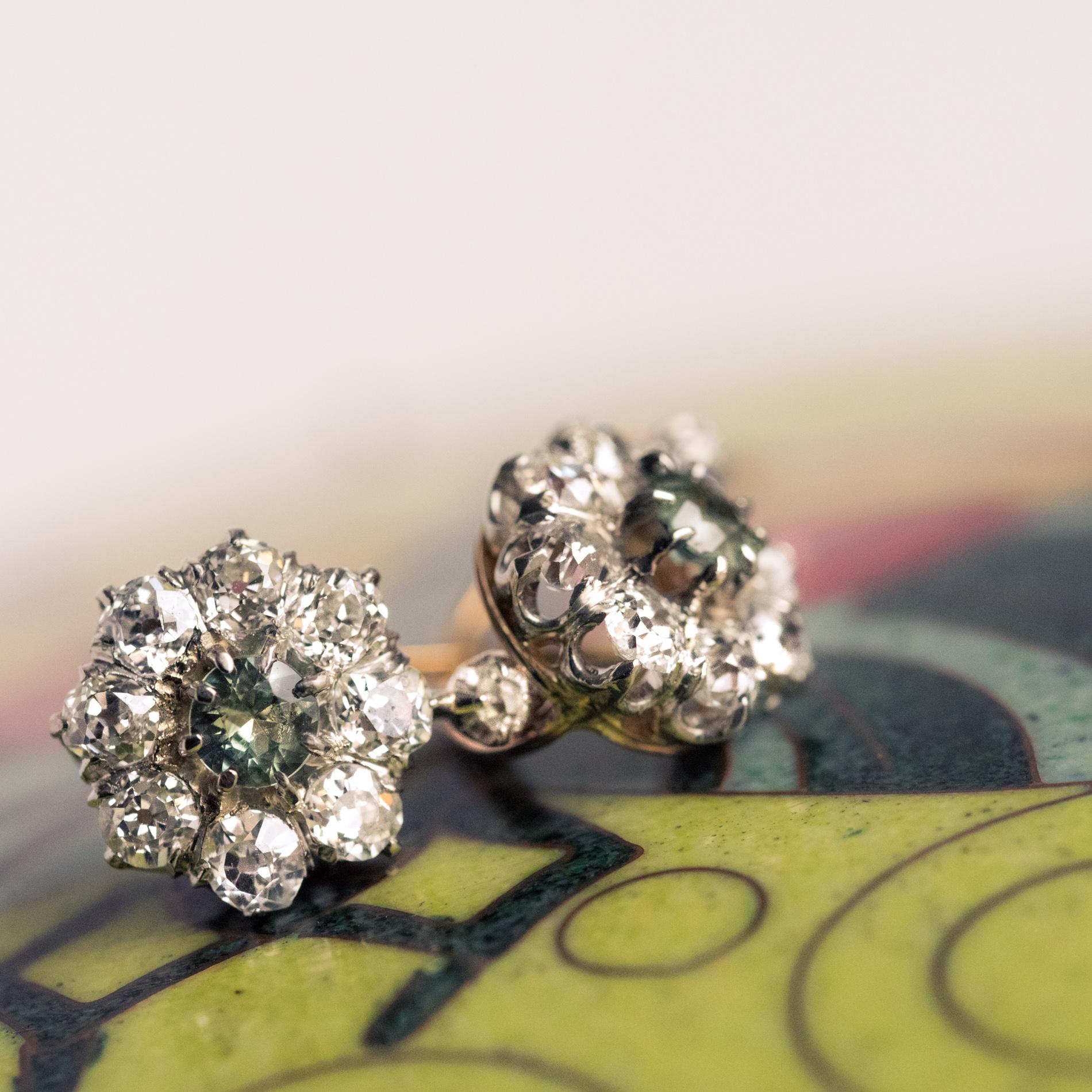 French 19th Century Green Sapphire Diamonds 18 Karat Gold Lever- Back Earrings 2