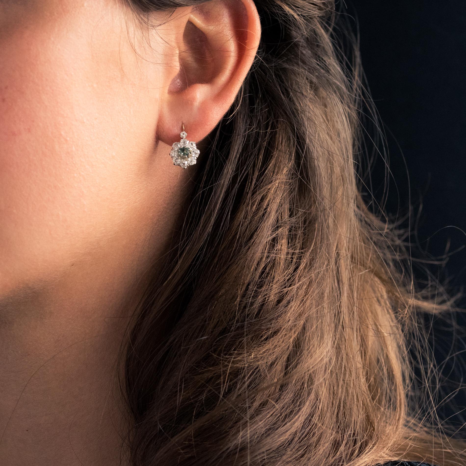 French 19th Century Green Sapphire Diamonds 18 Karat Gold Lever- Back Earrings 3