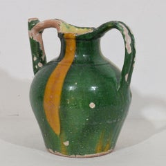 French 19th Century Green / Yellow Glazed Terracotta Jug or Water Cruche 'Orjol'