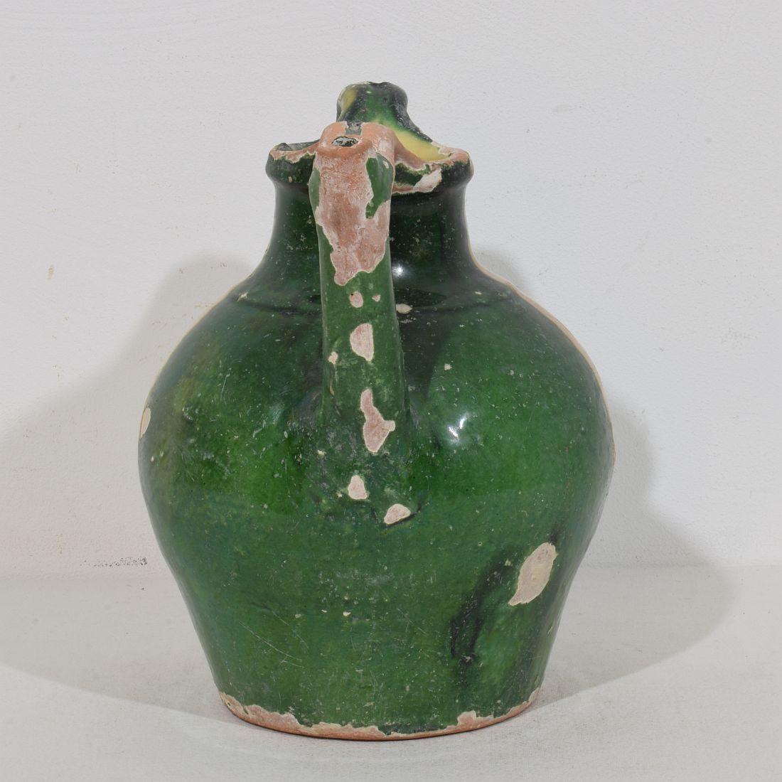 Jarro o Cruche de Agua de Terracota Esmaltada Verde / Amarilla 'Orjol', Francés, Siglo XIX Glaseado en venta