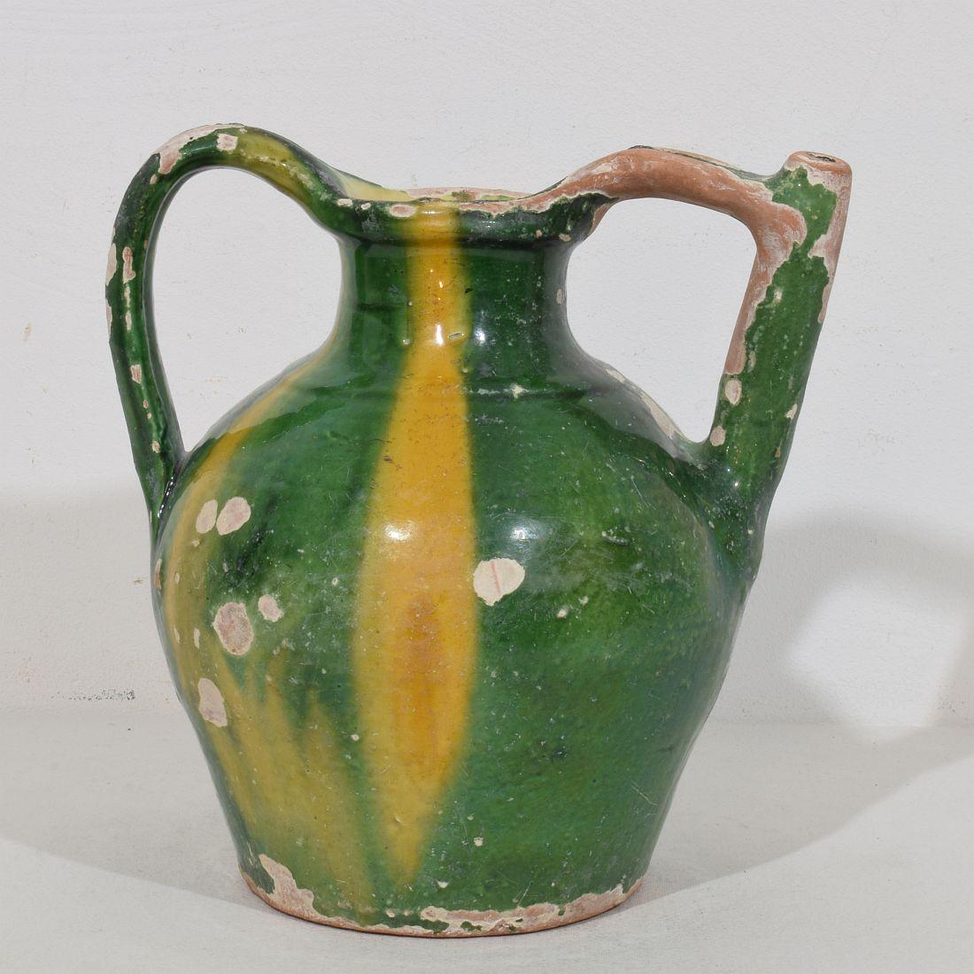 Jarro o Cruche de Agua de Terracota Esmaltada Verde / Amarilla 'Orjol', Francés, Siglo XIX siglo XIX en venta