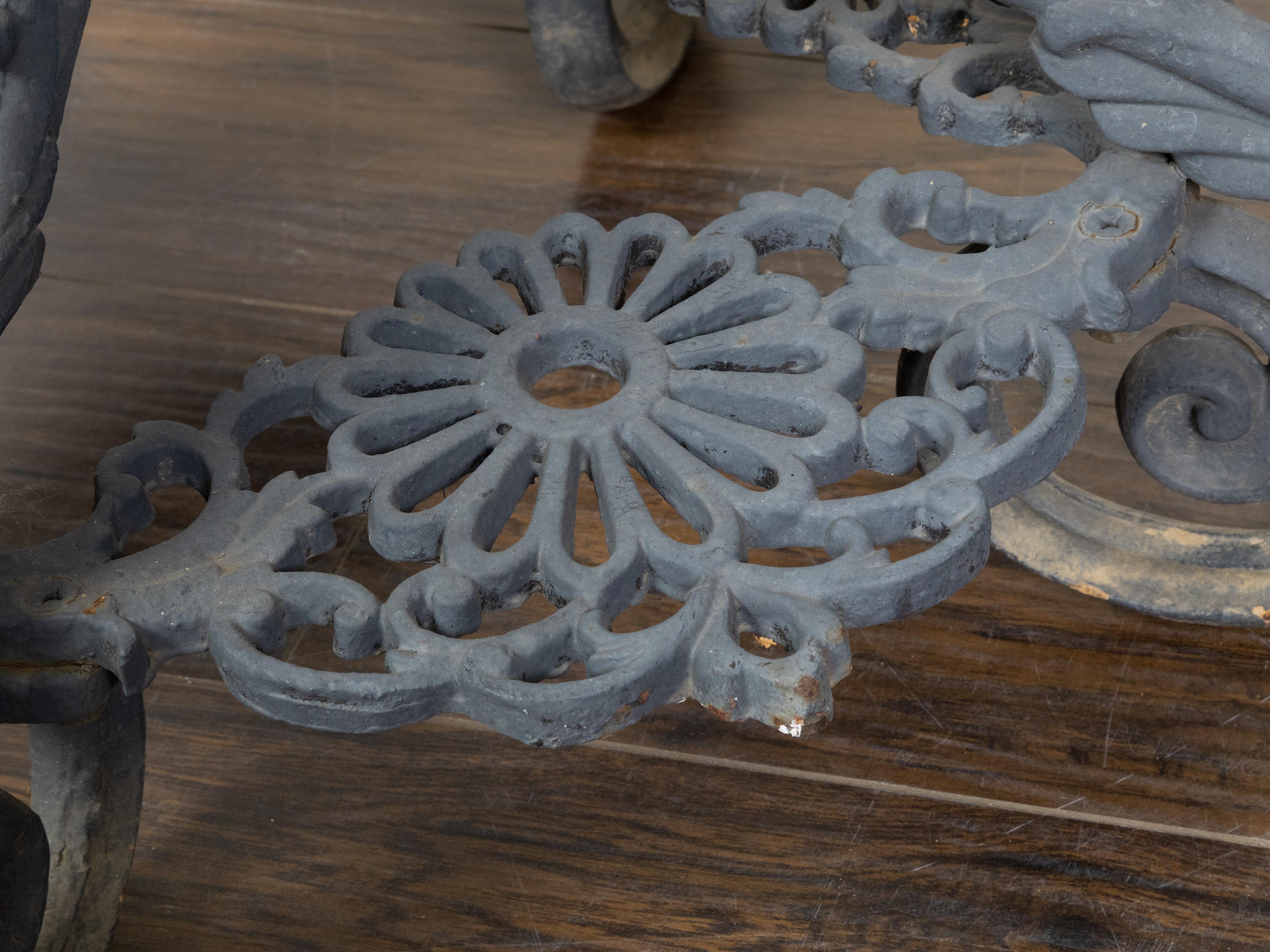 French 19th Century Grey Painted Iron Garden Table with Openwork Floral Top 6