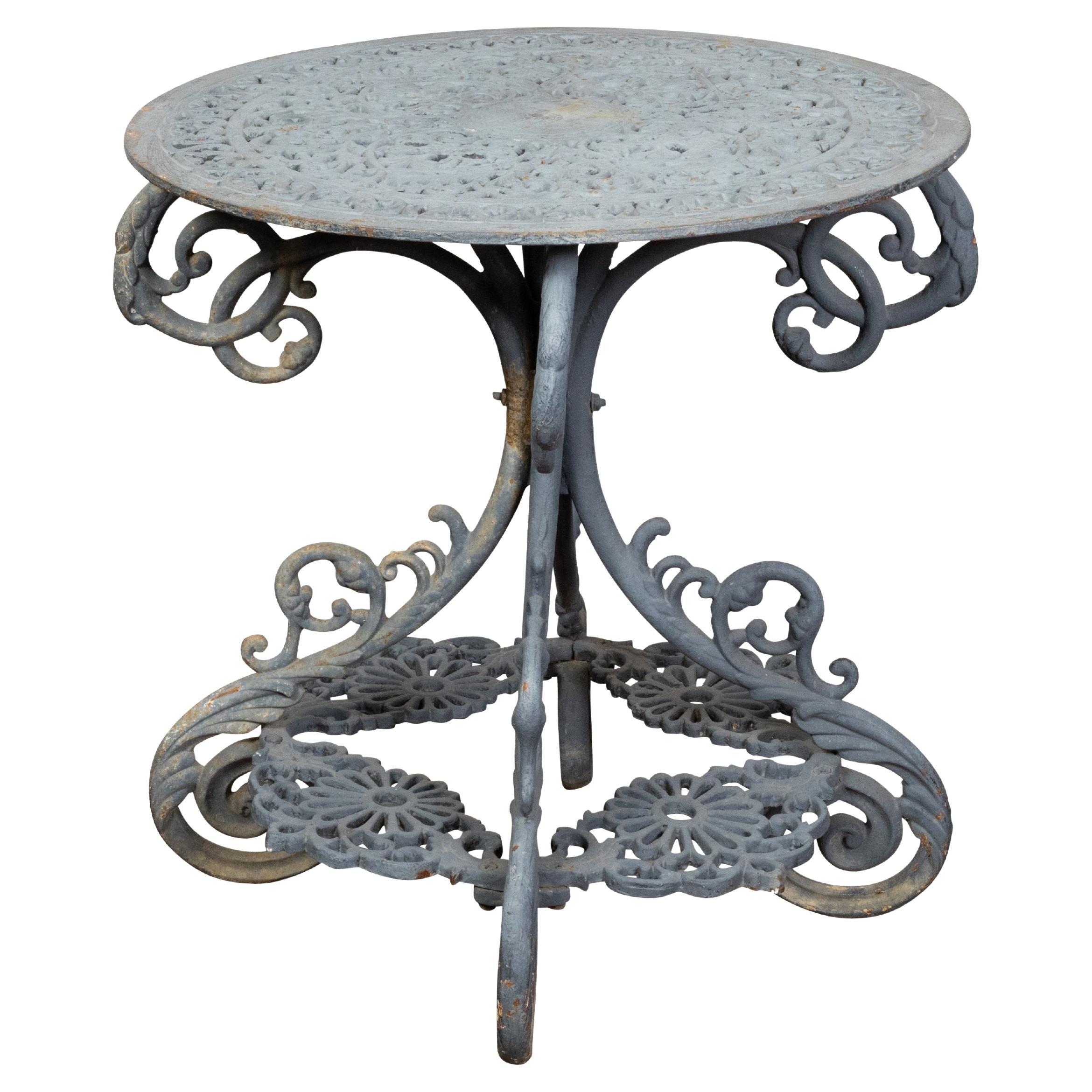 French 19th Century Grey Painted Iron Garden Table with Openwork Floral Top