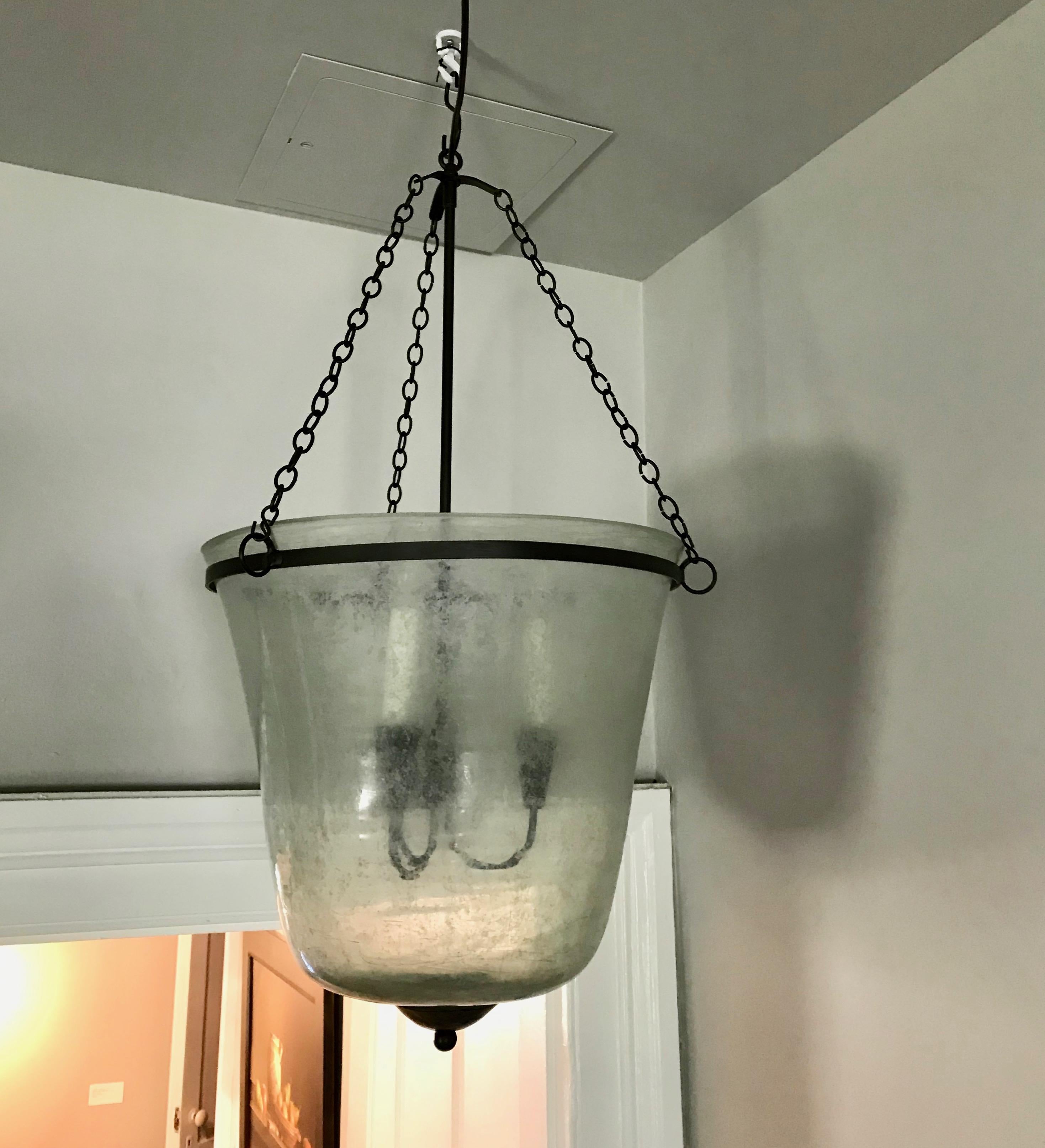 Steel French 19th Century Hand Blown Glass Bell Cloche Hanging Light