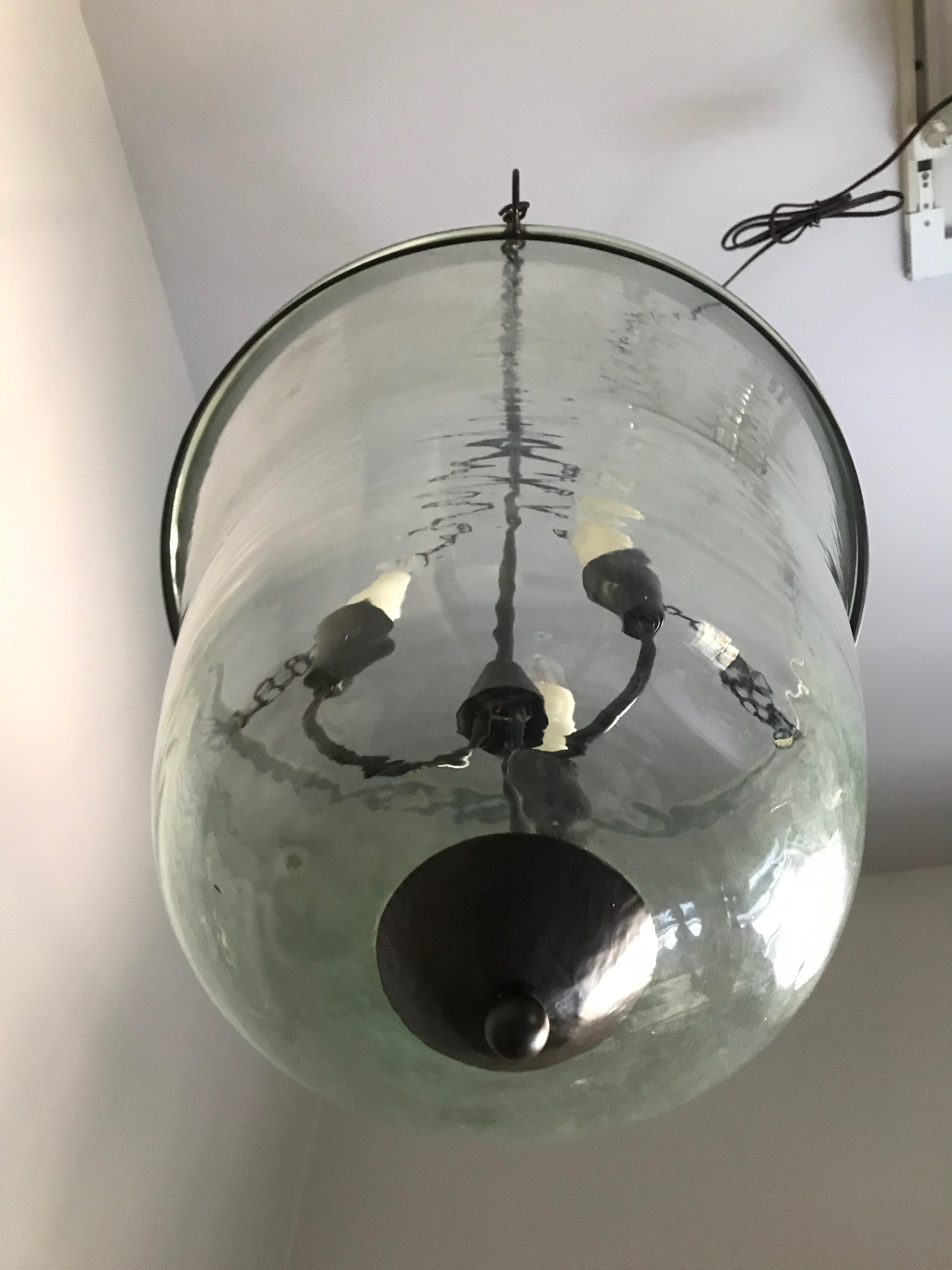 Brass French 19th Century Hand Blown Glass Bell Cloche Hanging Light