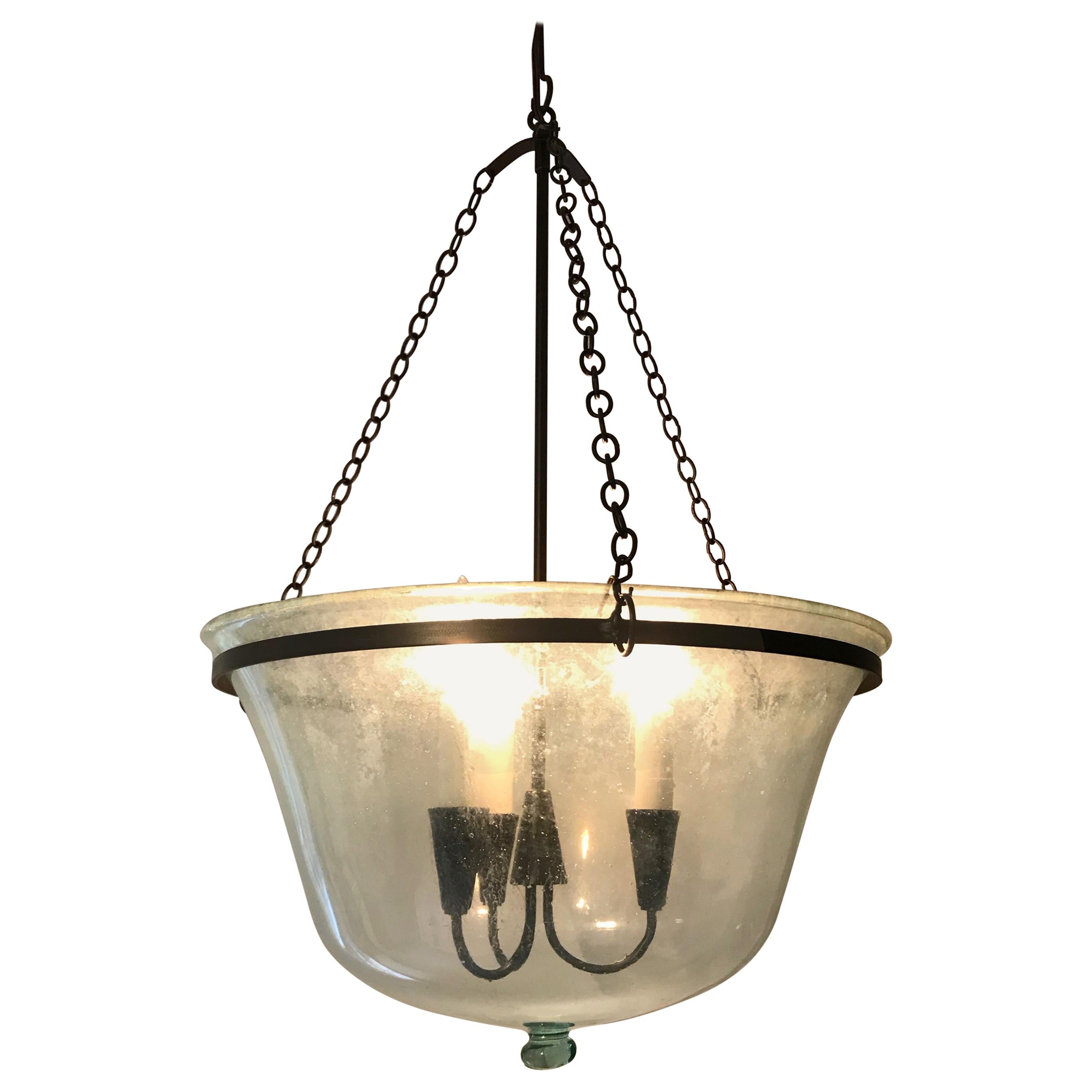 French 19th Century Hand Blown Glass Melon Cloche Hanging Light