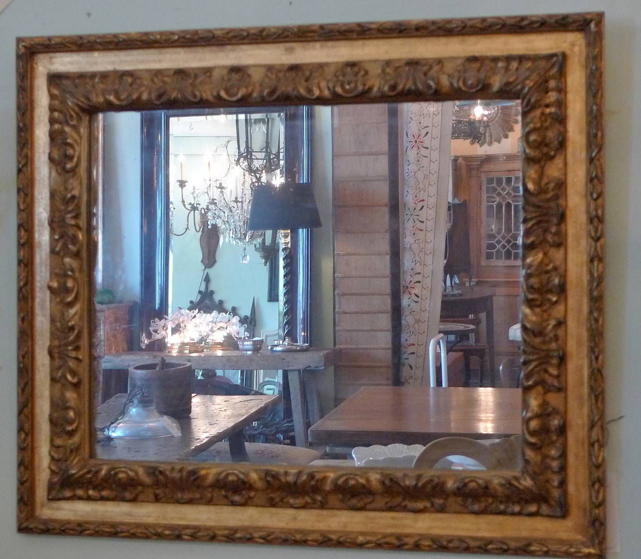 French 19th Century Hand Carved Gold Painted Mirror Frame with Original Glass In Distressed Condition In Santa Monica, CA