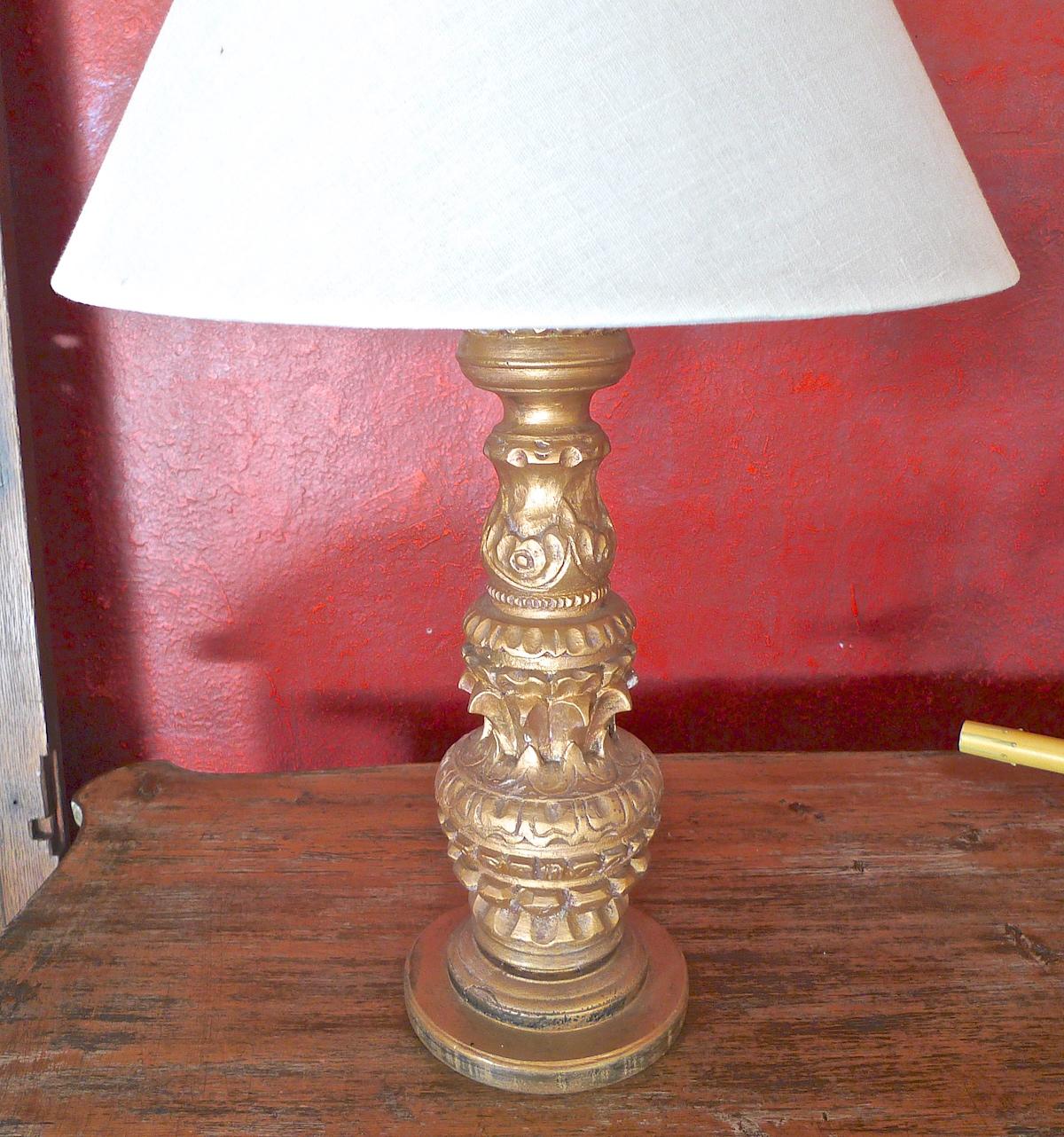 French 19th century hand carved hand painted gold leaf wood candlestick lamp with shade.