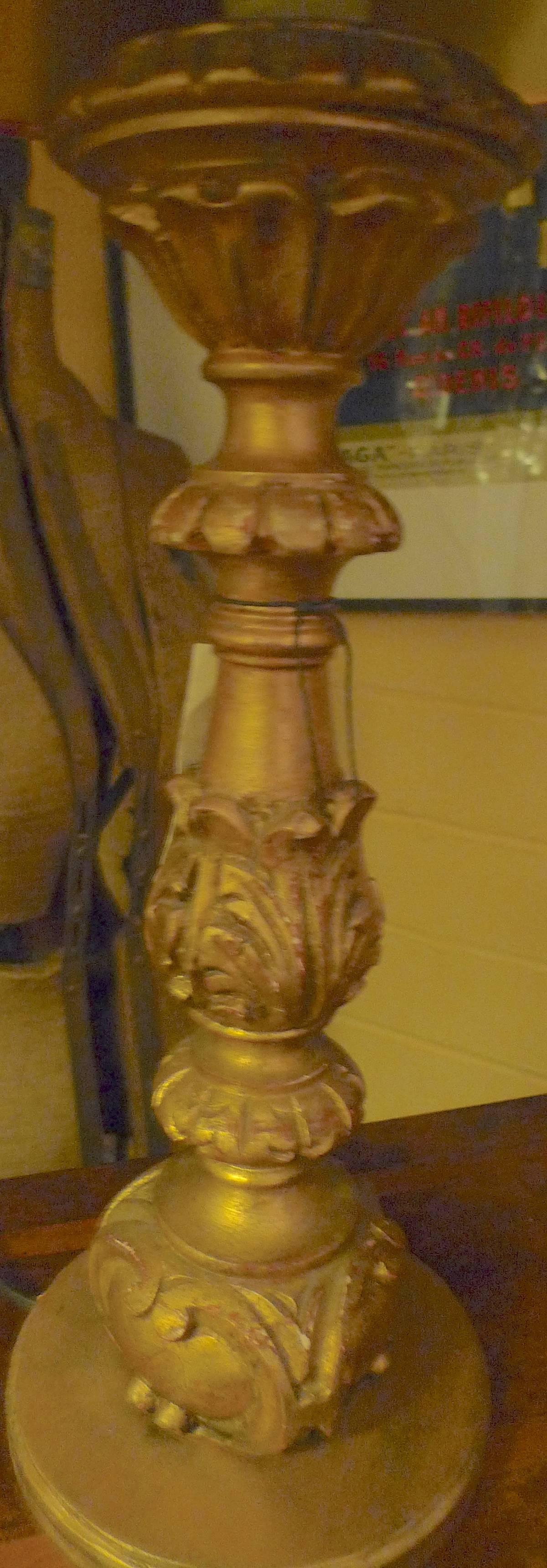 French 19th century hand carved hand painted gold leaf wood candlestick lamp with shade.